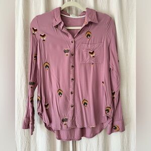 Anthropologie Pink Button-Down Shirt with Embroidery of Hot Air Balloons